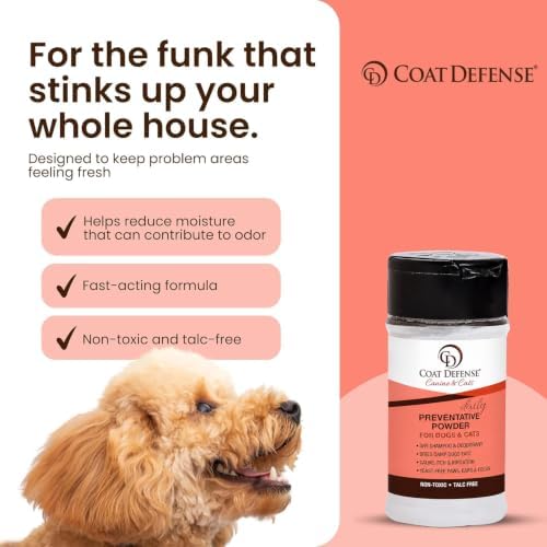 COAT DEFENSE Daily Preventative Powder | Made in USA | 3.5oz Waterless Dog Shampoo & Pet Deodorizer for Smelly Dogs | Provides Anti Itch Relief | Dog Dry Shampoo for Dry Itchy Skin