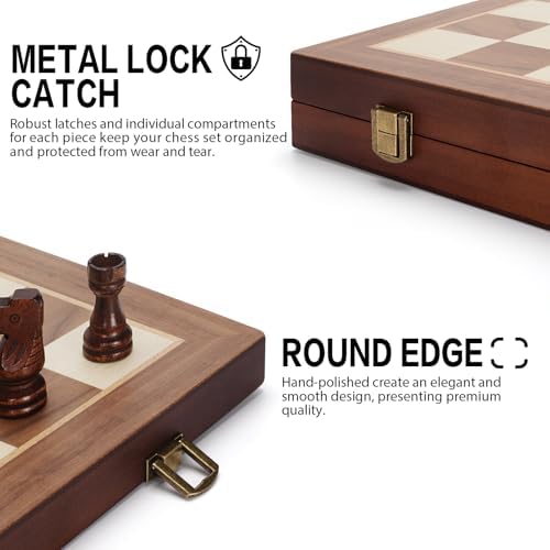 Magnetic Wooden Chess Set, 15" Folding Chess Board with 2 Extra Queens, Portable Travel Chess Set with Pieces Storage Slots, Beginner Chess Board Game for Adults & Kids