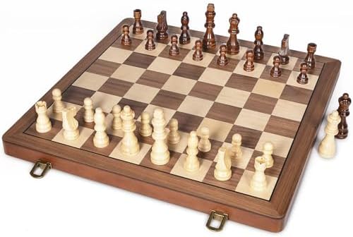 ELONGDI 15" Wooden Chess Set with Magnetic Pieces - Extra Queens - Folding Chessboard Portable Travel Tournament Chess Board Games for Adults Kids