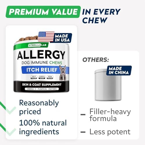 Dog Allergy & Itching Relief - Anti Itch, Skin&Coat Support Chews w/Omega 3 | Made in USA - Immune Supplements, Treats for Dogs Health w/Fish Oil for Irritated & Dry skin - Developed by Experts, 60 Ct