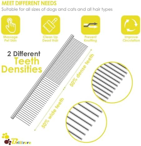 Dog Grooming Comb Pet, Stainless Steel Cat Combs with Rounded Teeth, Professional Metal Tear Stain Remover, Dematting Tool for Small, Medium & Large Pets-7.5in
