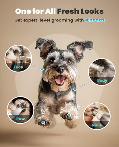 oneisall 4 in 1 Dog Grooming Kit with LCD Display | Paw Hair Trimmer & Nail Grinder, Rechargeable, Cordless, Low Noise, IPX7 Waterproof, 3 Speeds Pet Grooming Clippers