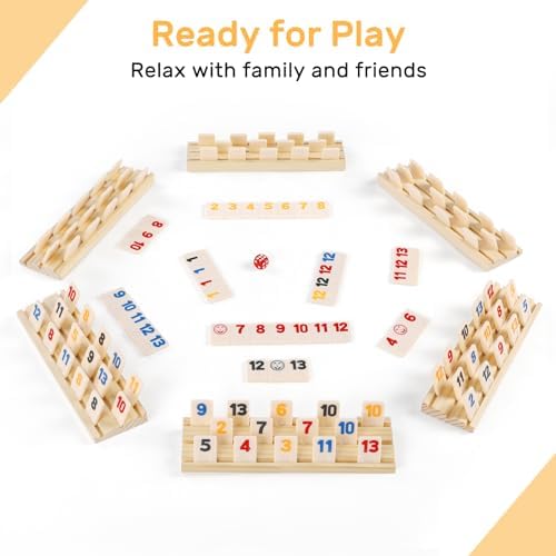 Rummy Cube 6 Player Edition with 6 Wooden Racks/Trays, 160 Large Numbers Rummy Tiles Set with Zippered Case, Rummy Travel Game Set with 6 Tiles Holders - Classic Board Games for Family Adults Kids
