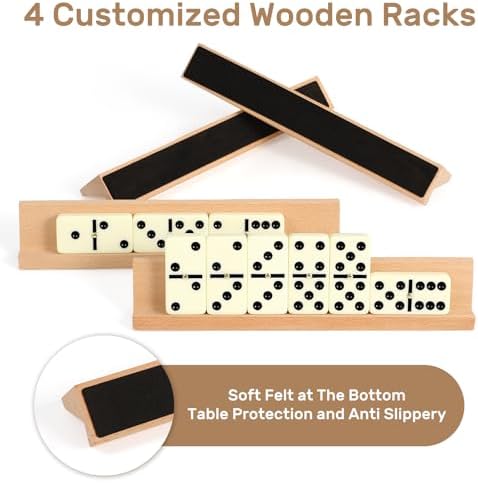 Dominoes Set Adults with 4 Wooden Racks/Trays Double Six Dominoes Travel Set with Portable Case Double 6 Dominoes Set with 4 Tiles Holders 28 Tiles Dominos Set Family Classic Board Games White
