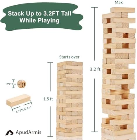 ApudArmis 54 Pcs Tumble Tower, Pine Wooden Stacking Game Up to 3.2Ft