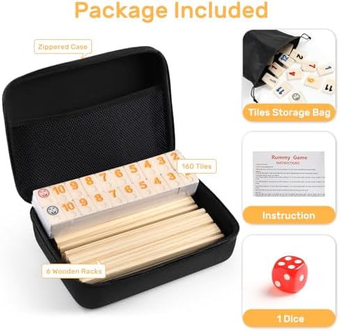 Rummy Cube 6 Player Edition with 6 Wooden Racks/Trays, 160 Large Numbers Rummy Tiles Set with Zippered Case, Rummy Travel Game Set with 6 Tiles Holders - Classic Board Games for Family Adults Kids