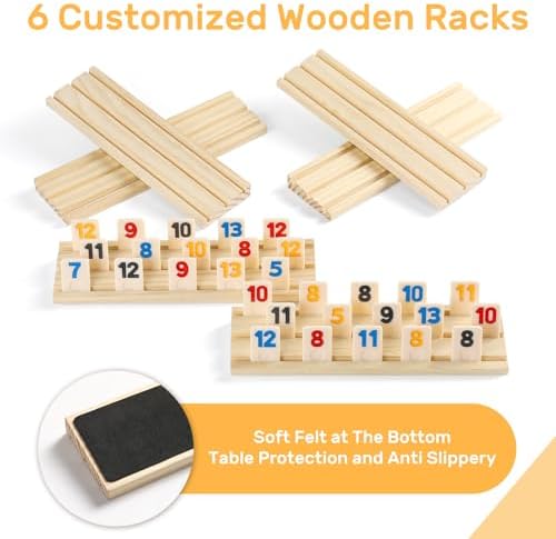 Rummy Cube 6 Player Edition with 6 Wooden Racks/Trays, 160 Large Numbers Rummy Tiles Set with Zippered Case, Rummy Travel Game Set with 6 Tiles Holders - Classic Board Games for Family Adults Kids