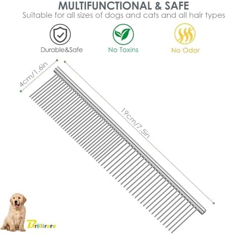 Dog Grooming Comb Pet, Stainless Steel Cat Combs with Rounded Teeth, Professional Metal Tear Stain Remover, Dematting Tool for Small, Medium & Large Pets-7.5in