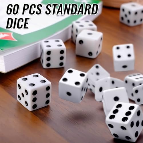 Rerdeim 60 Pieces Standard Dice, 16mm Bulk White Opaque Black Pips Six Sided Dice Set, for Rolling, Group Event, Board Games, Classroom Math