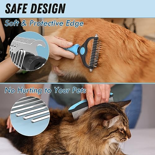Docrok Pet Grooming Combo - Blue Deshedding Brush with Metal Comb for Detangling and Dematting Long, Matted Fur on Cats and Dogs | Dematting Deshedding Undercoat Rake, Cat Brush Dog Brush Shedding Tool for Long Matted Haired Pets