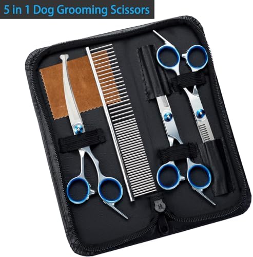 5 in 1 Premium Dog Grooming Scissors, Professional Dog Scissors for Grooming with Safety Round Tips, Lengnoyp Stainless Steel Thinning Shears, Pet Cat Shears for Grooming Kit