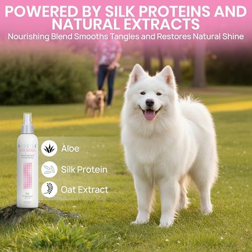 BioSilk for Dogs Silk Therapy Detangling and Shine Spray, 8 Fl Oz | pH-balanced, paraben-free leave-in mist with silk and vitamins, dematting spray for all coats and breeds