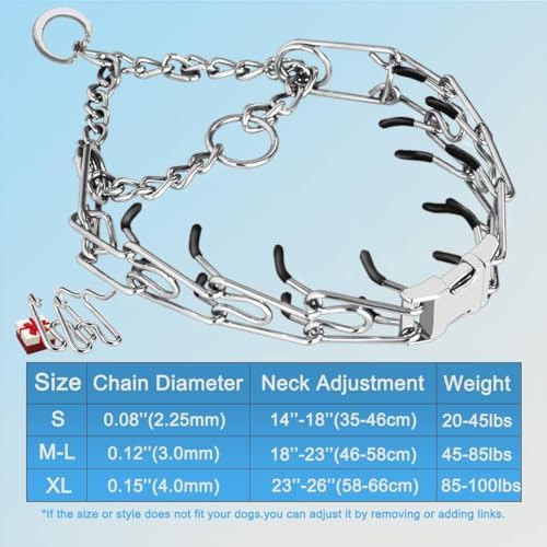 Prong Collar for Dogs, Dog Training Collar for Small Medium Large Dogs | Pinch Collar, Adjustable Size, No Pull, Quick Release Buckle, Hook 360° Swivel, High Quality, 2 Extra Link and 20 Rubber Cap