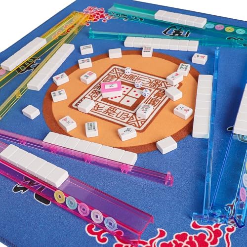 American Mahjong Game Set, 166 Quality White Tiles, 4 All-in-One Color Rack/Pushers, Mahjong Tile Set with Blue Printed Carrying Bag