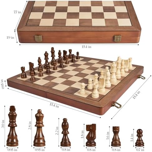 ELONGDI 15" Wooden Chess Set with Magnetic Pieces - Extra Queens - Folding Chessboard Portable Travel Tournament Chess Board Games for Adults Kids