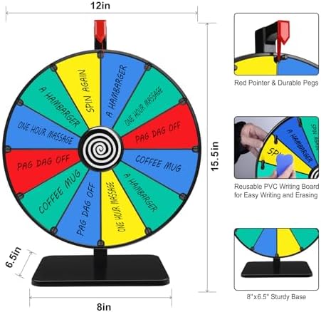 Pionites 12 Inch 12 Slots Prize Wheel Tabletop Fortune Spin with Dry Erase Marker and Eraser for Engaging Home Parties, Trade Show, Carnival Events (12'' 12slots)