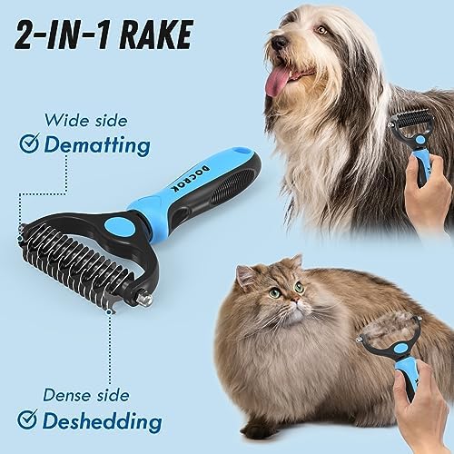 Docrok Pet Grooming Combo - Blue Deshedding Brush with Metal Comb for Detangling and Dematting Long, Matted Fur on Cats and Dogs | Dematting Deshedding Undercoat Rake, Cat Brush Dog Brush Shedding Tool for Long Matted Haired Pets
