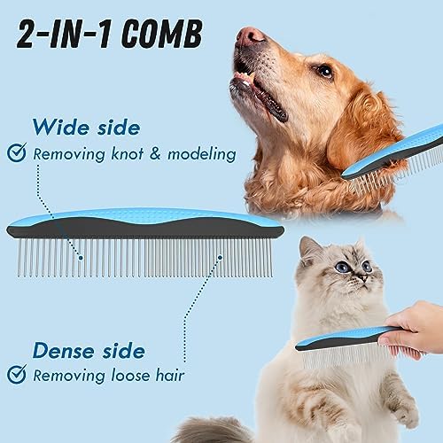 Docrok Pet Grooming Combo - Blue Deshedding Brush with Metal Comb for Detangling and Dematting Long, Matted Fur on Cats and Dogs | Dematting Deshedding Undercoat Rake, Cat Brush Dog Brush Shedding Tool for Long Matted Haired Pets