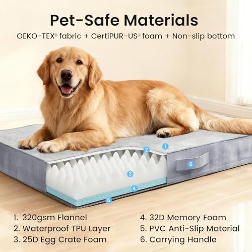 OhGeni Orthopedic Waterproof Large Dog Bed, Memory Foam, 41 inch(Gray)