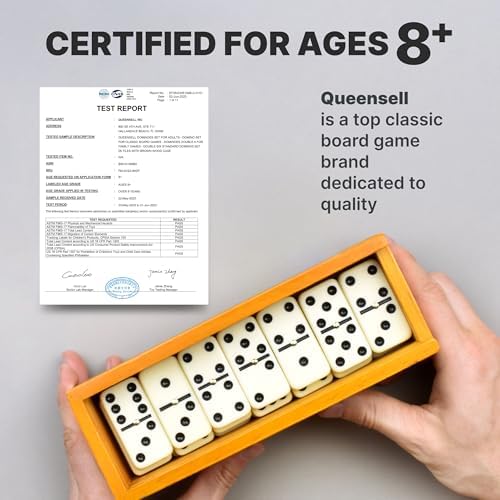 Queensell Dominos Set for Adults, Double 6 Dominoes Set with 28 Tiles in Wooden Case, Classic Dominoes, Family Board Game for Kids & Adults, Travel Game for Family Game Night, Juegos de Mesa