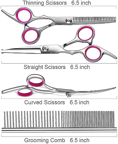 TINMARDA Dog Grooming Kit, Professional Stainless Steel Dog Grooming Scissors with Curved Shears, Pink Finger Rings - 4 Piece Sharp Durable Pet Shears for Dogs Cats At Home Salon-Quality Grooming