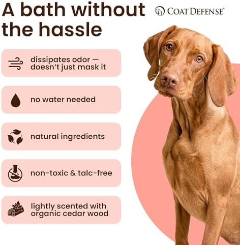 COAT DEFENSE Daily Preventative Powder | Made in USA | 9oz Precision Point Waterless Dog Shampoo & Pet Deodorizer for Smelly Dogs | Provides Anti Itch Relief | Dog Shampoo for Dry Itchy Skin