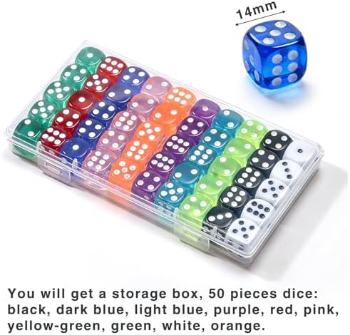 50 Pieces Dice Set, Translucent 6 Sided Colored Dices for Board Games, Math Learning, Classroom, Parties