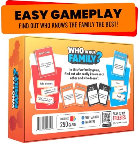 Viral Studios Who in Our Family? – Hilarious Family Party Game | Trivia, “Most Likely to” & Head-to-Head Challenges | Fun Family Game Night Card Game for Kids, Teens & Adults