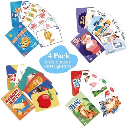 Card Games Go Fish,Old Maid,Slap Jack and Memory Match-4 Decks in 1 Pack