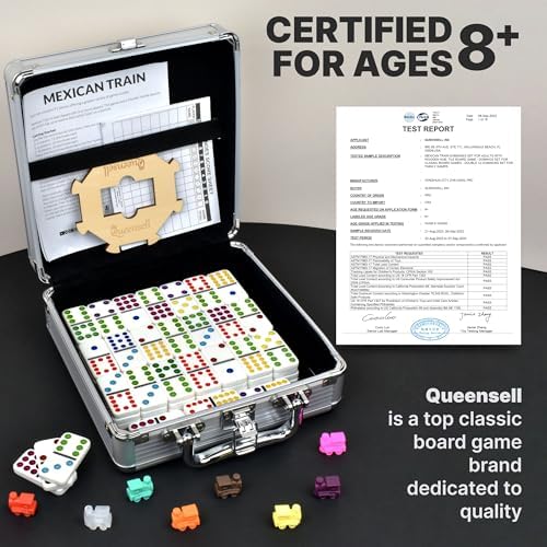 Queensell Mexican Train Dominoes Set with Wooden Hub, Domino Tile Board Games - Double 12 Dominos Set for Family Game Night for Adults and Kids Ages 8 and up (Double 12)