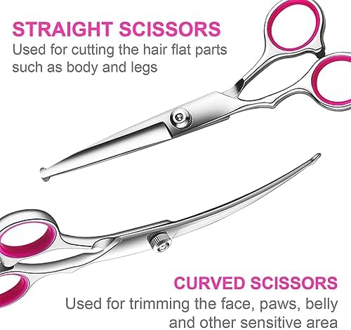 TINMARDA Dog Grooming Kit, Professional Stainless Steel Dog Grooming Scissors with Curved Shears, Pink Finger Rings - 4 Piece Sharp Durable Pet Shears for Dogs Cats At Home Salon-Quality Grooming