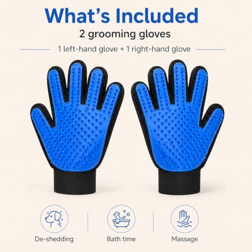 NVNAN Pet Hair Removal Glove for Dogs & Cats, 2-Pack Blue | 2-in-1 deshedding brush and massage mitt for shedding control, bathing and washing, safe for short or long hair pets