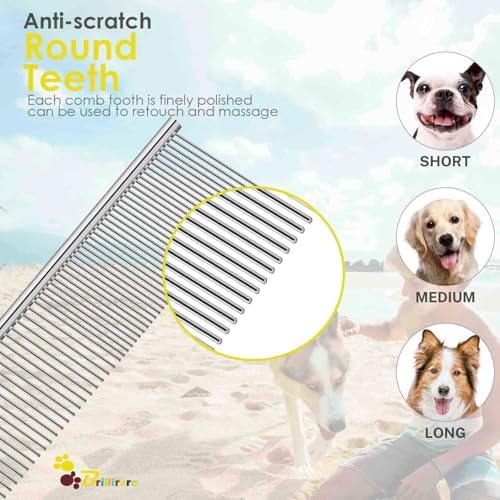 Dog Grooming Comb Pet, Stainless Steel Cat Combs with Rounded Teeth, Professional Metal Tear Stain Remover, Dematting Tool for Small, Medium & Large Pets-7.5in