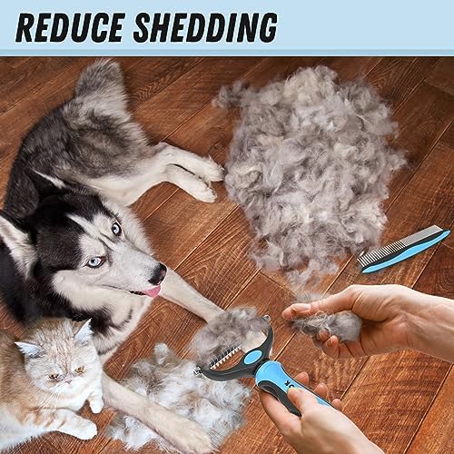 Docrok Pet Grooming Combo - Blue Deshedding Brush with Metal Comb for Detangling and Dematting Long, Matted Fur on Cats and Dogs | Dematting Deshedding Undercoat Rake, Cat Brush Dog Brush Shedding Tool for Long Matted Haired Pets
