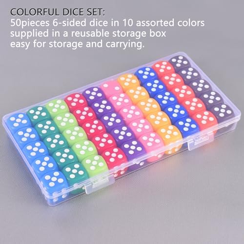 16MM Standard 6 Sided Dice Set, 50 Pieces Colorful Dice for Board Games, Classroom Math Bulk Game Dice, Make Entertainment More Exciting