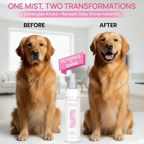 BioSilk for Dogs Silk Therapy Detangling and Shine Spray, 8 Fl Oz | pH-balanced, paraben-free leave-in mist with silk and vitamins, dematting spray for all coats and breeds