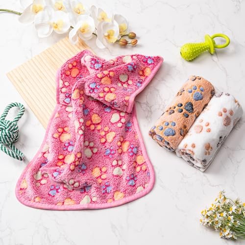 1 Pack 3 Blankets Fluffy Premium Fleece Soft Pet Blanket Flannel Throw for Cat Dog Puppy (Small 23x16'', Paw-White/Pink/Brown)