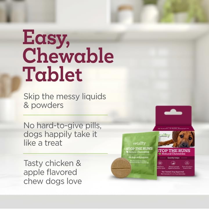 Vetality Stop The Runs | Dog Anti Diarrhea Medicine | 6 Count Chewable | Chicken Flavor