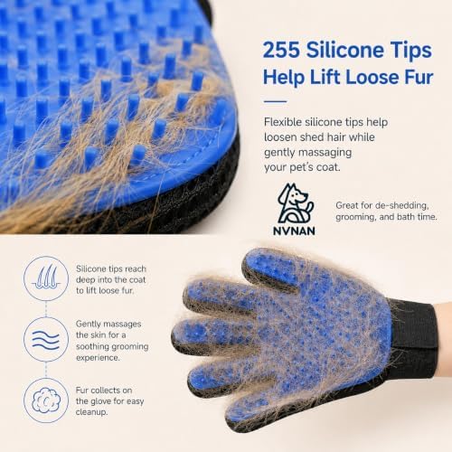 NVNAN Pet Hair Removal Glove for Dogs & Cats, 2-Pack Blue | 2-in-1 deshedding brush and massage mitt for shedding control, bathing and washing, safe for short or long hair pets