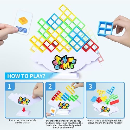 BBnote 48PCS Stack Game for Adult & Kids, Tetra Board Tower Games for Family Travel Party, 2 Players Balance Stacking Toy, Team Toys Building Block