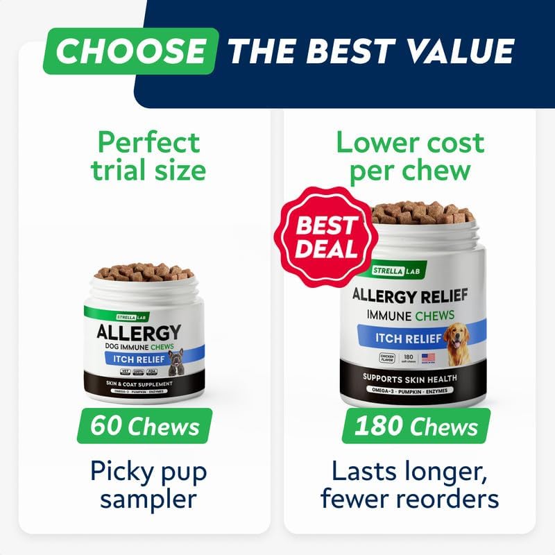 Dog Allergy & Itching Relief - Anti Itch, Skin&Coat Support Chews w/Omega 3 | Made in USA - Immune Supplements, Treats for Dogs Health w/Fish Oil for Irritated & Dry skin - Developed by Experts, 60 Ct