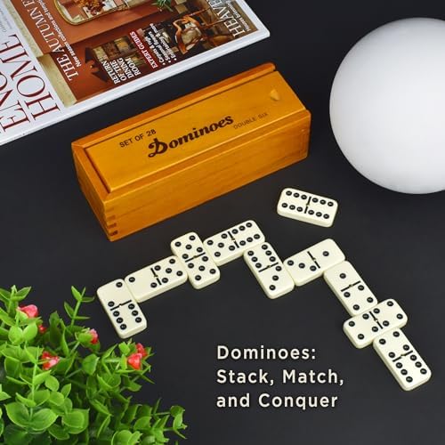 Queensell Dominos Set for Adults, Double 6 Dominoes Set with 28 Tiles in Wooden Case, Classic Dominoes, Family Board Game for Kids & Adults, Travel Game for Family Game Night, Juegos de Mesa