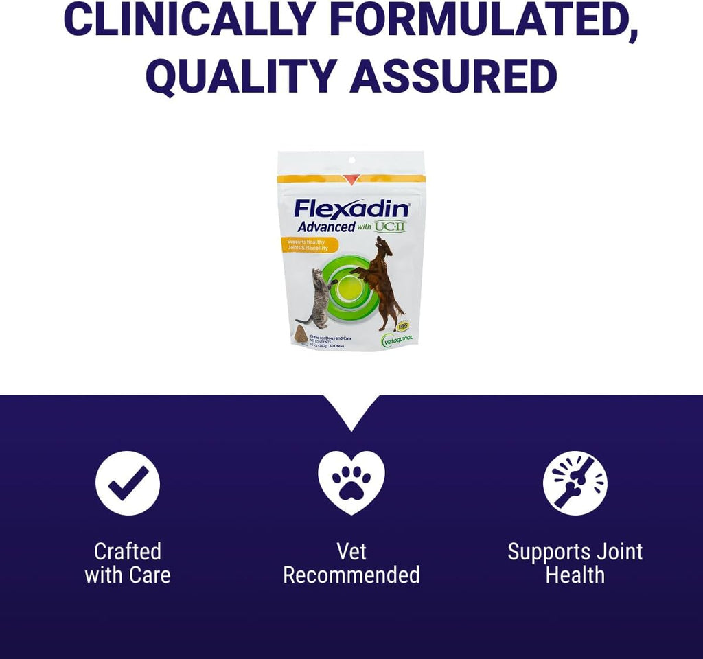 Vetoquinol Flexadin Advanced Hip and Joint Supplement with Undenatured Collagen for Dogs, One Chew a Day Hip and Joint Support Chew for Dogs and Cats, Clinically Proven Vet-Approved Formula, 60 Chews