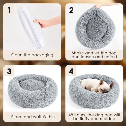 Hoewina Dog & Cat Bed for Indoor Cats, 20in Calming Donut Bed for Puppy and Kitten, Washable Round Fluffy Pet Bed for Small Medium Dogs and Cats (Light Grey)