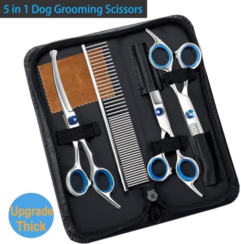 5 in 1 Upgraded Thicken Dog Grooming Scissors, Professional Dog Scissors for Grooming with Safety Round Tips, Lengnoyp Stainless Steel Thinning Shears, Pet Cat Shears for Grooming Kit