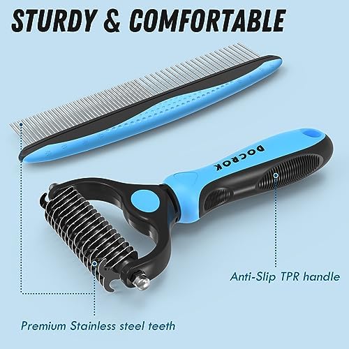 Docrok Pet Grooming Combo - Blue Deshedding Brush with Metal Comb for Detangling and Dematting Long, Matted Fur on Cats and Dogs | Dematting Deshedding Undercoat Rake, Cat Brush Dog Brush Shedding Tool for Long Matted Haired Pets