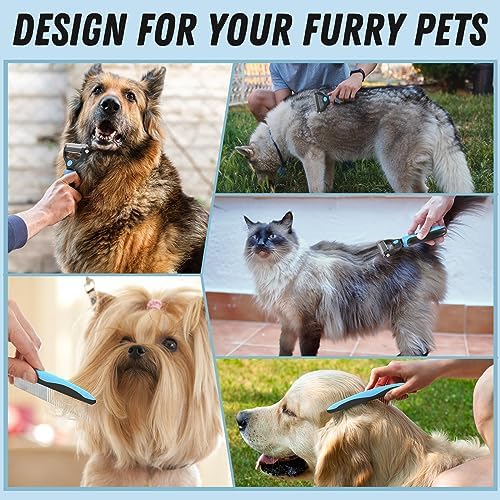 Docrok Pet Grooming Combo - Blue Deshedding Brush with Metal Comb for Detangling and Dematting Long, Matted Fur on Cats and Dogs | Dematting Deshedding Undercoat Rake, Cat Brush Dog Brush Shedding Tool for Long Matted Haired Pets