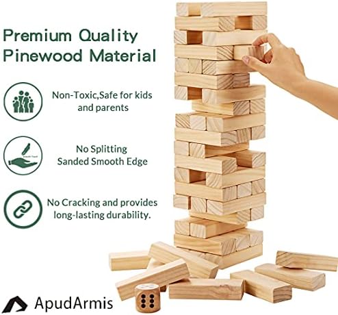 ApudArmis 54 Pcs Tumble Tower, Pine Wooden Stacking Game Up to 3.2Ft