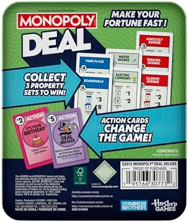 Monopoly Deal Card Game in Collectible Storage Tin | Ages 8+ | 2-5 Players | 15 Mins. | Fun Family Games for Kids, Teens, and Adults | Travel Games (Amazon Exclusive)