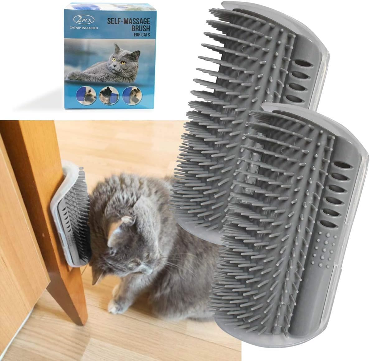 2 Pack Softer Self Groomer with Catnip Wall Corner Massage Comb Scratcher Grooming Brush Tool for Long & Short Fur Kitten Cats Dogs (Gray)